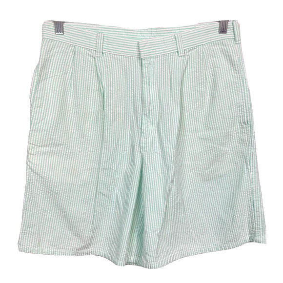 T‎ Harris London Shorts Mens Sz 34 Green Striped Seersucker 100% Cotton Casual - Picture 1 of 11